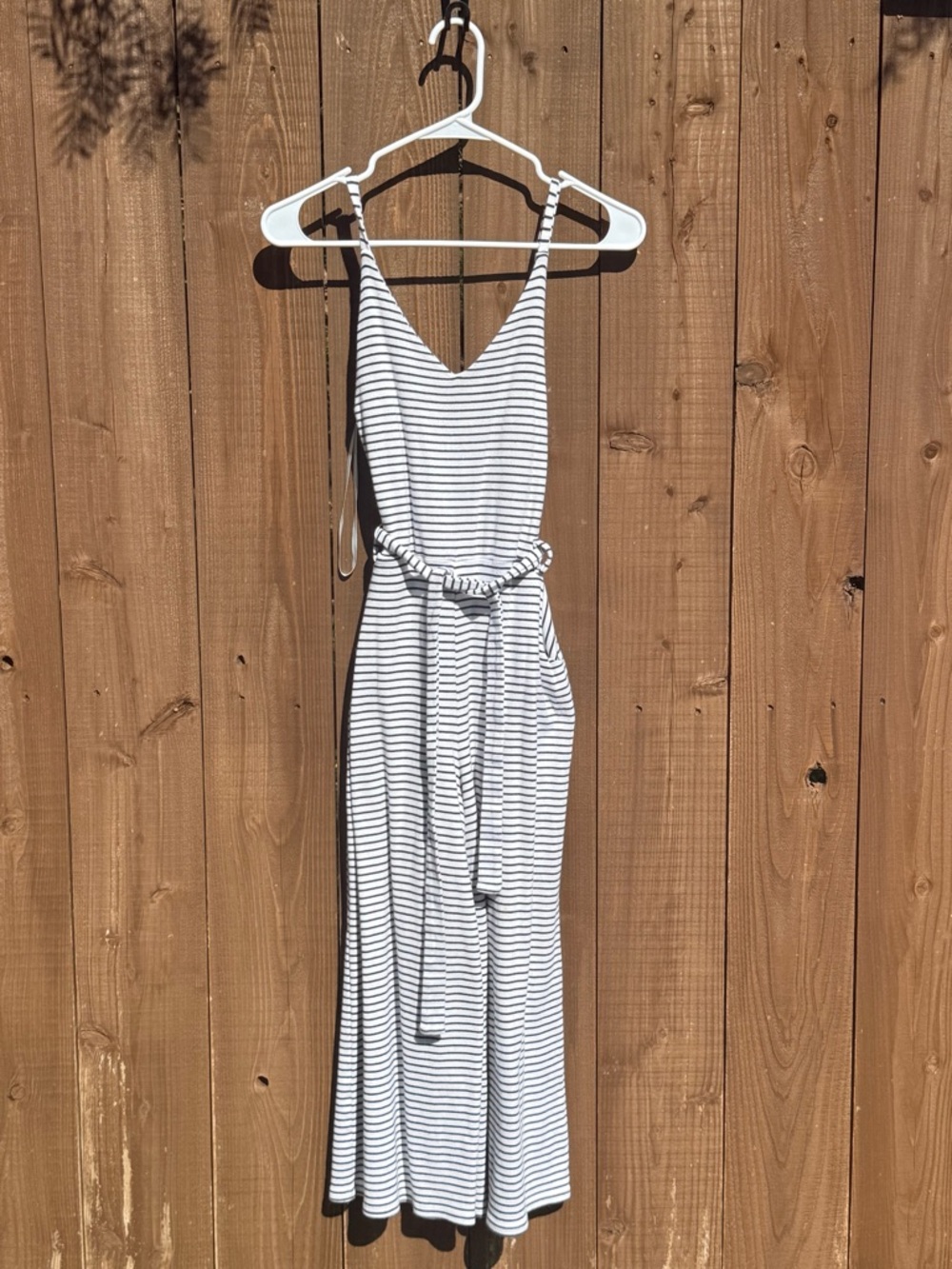 Striped White & Navy Jumpsuit with Belt